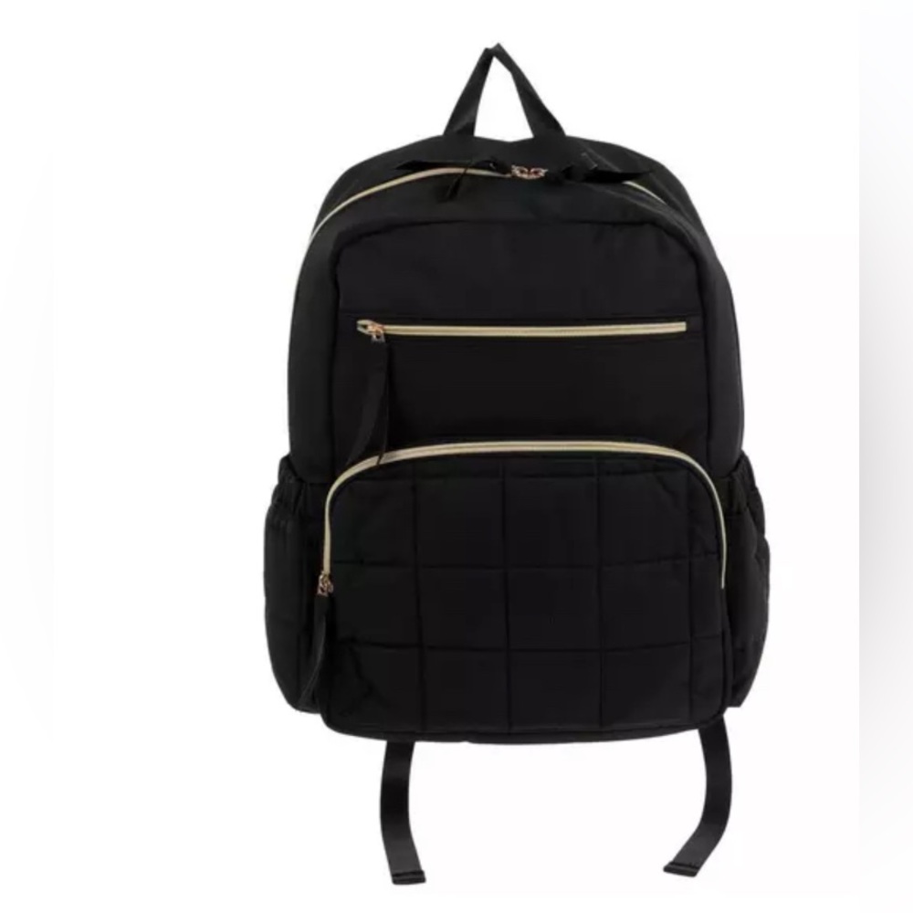 Black Quilted Backpack with Gold Accents